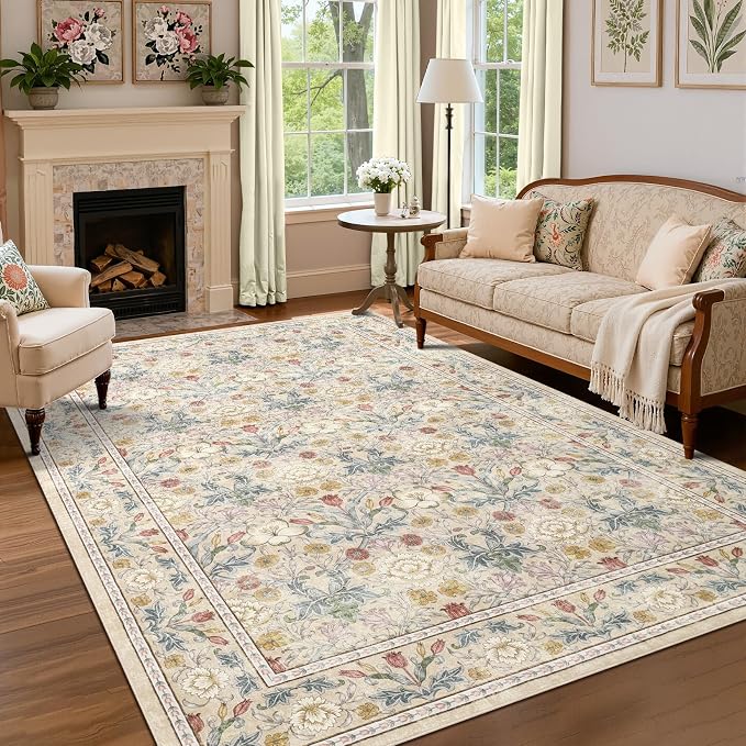 GarveeHome Beige Washable Area Rug 5x7, Retro Floral Low Pile Non Slip Living by GarveeHome