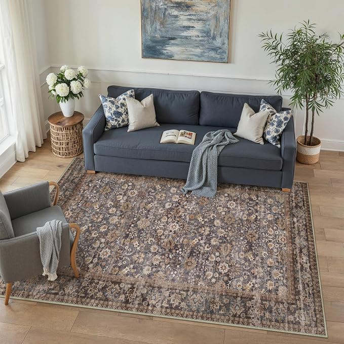 3x5 Brown Blue Vintage Floral Washable Area Rug - Image 3