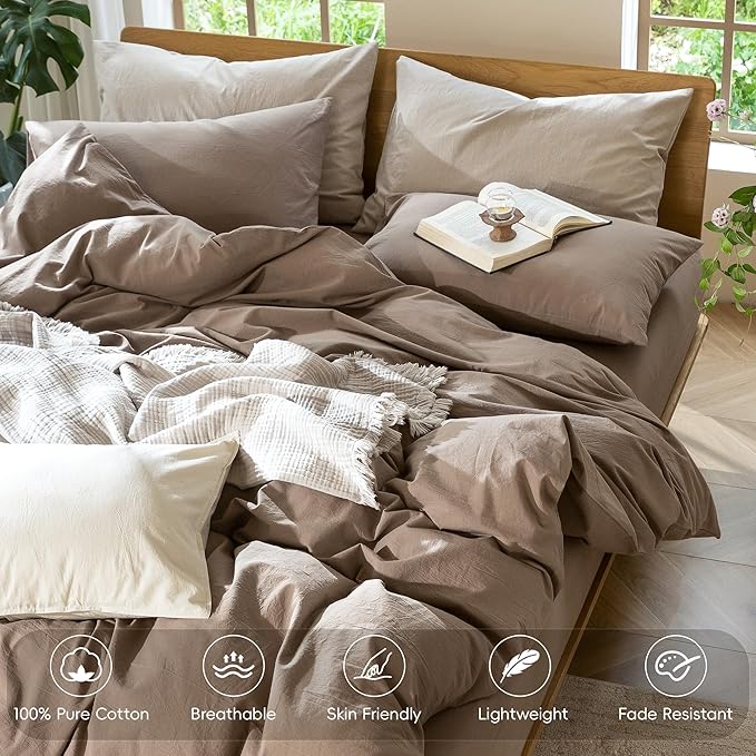 MooMee Bedding Duvet Cover Set 100% Washed Cotton Linen Like Textured Breathable Durable Soft Comfy (Solid Brown, Alaska King 132"x120")