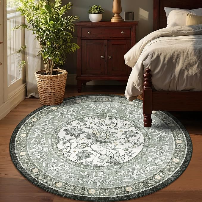 GarveeHome Provence Fog Gray Botanical Grove 5ft Round Rug, Small Circle - Image 2