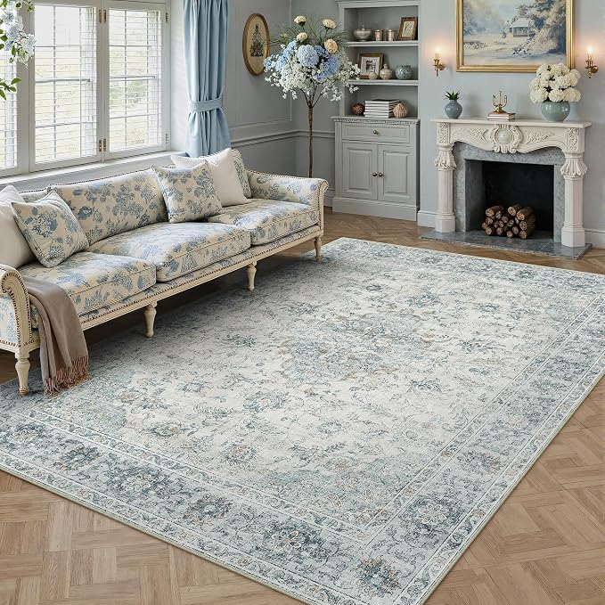 8x10 Light Blue Retro Floral Washable Area Rug - Image 2