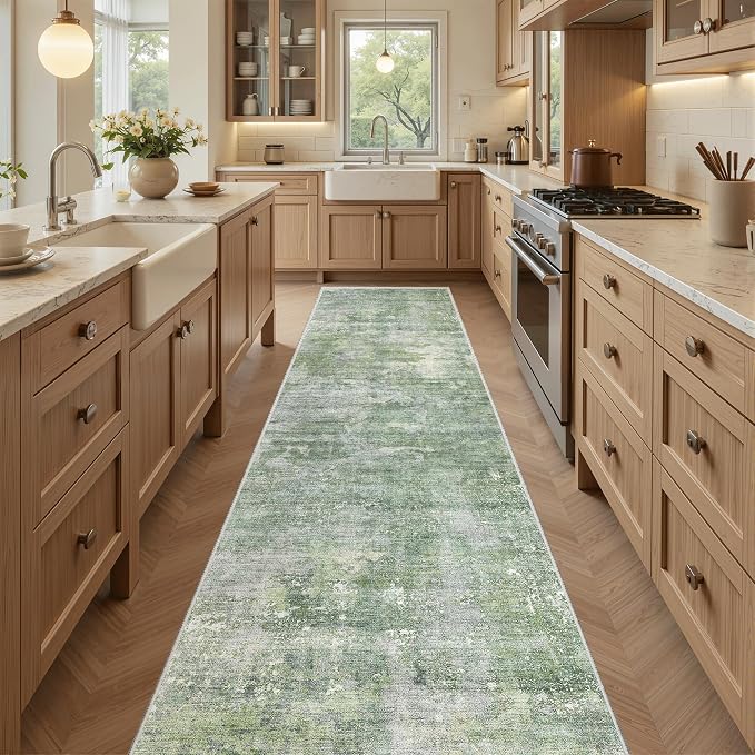 Soalmost Abstract Runner Rug 2x8 Hallway Kitchen Runners Green/Ivory | Vintage by Soalmost
