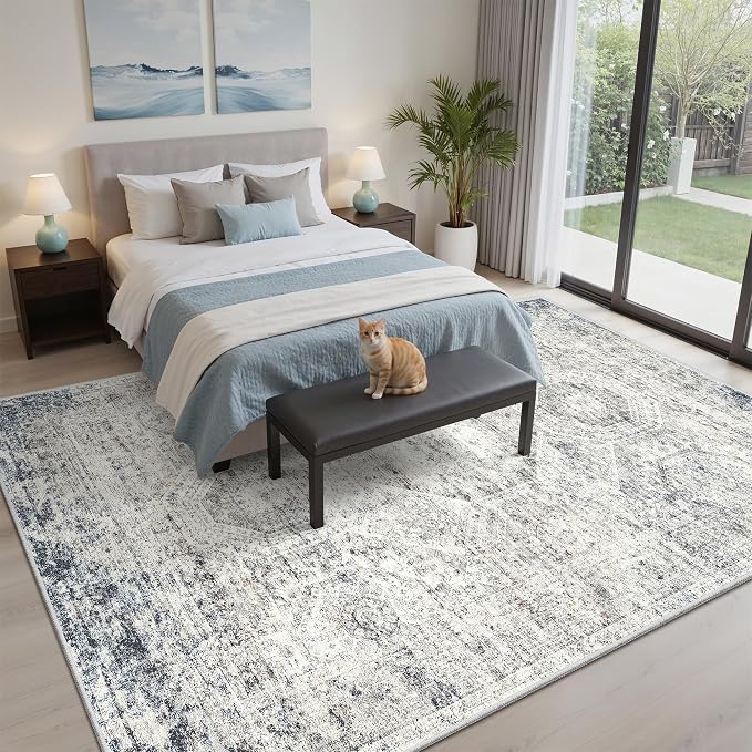 Soalmost 6x9 Area Rug for Living Room Washable Rugs Non-Slip Blue/Ivory | - Image 3