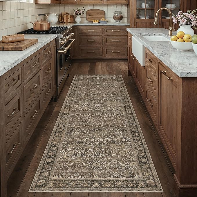 3x8 Brown Vintage Floral Washable Runner Rug - Image 3
