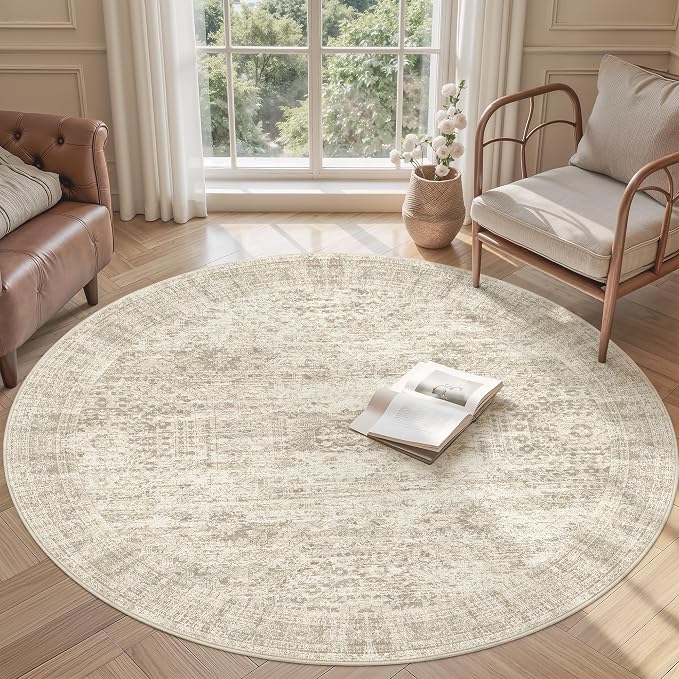 Soalmost 5x5 Beige Round Rug 6ft Circle Living Room Area Rugs Non-Slip | - Image 2