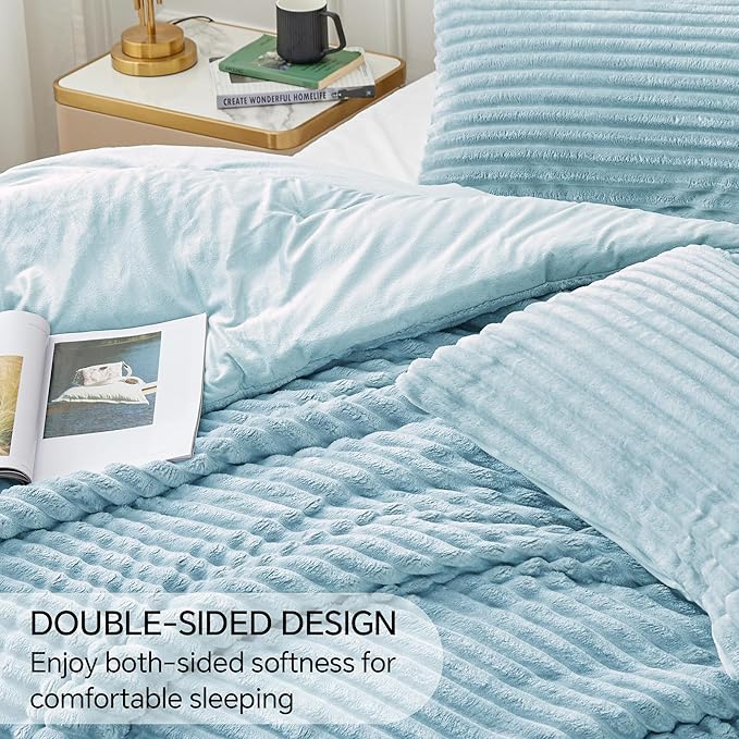 BEDELITE Fleece King Comforter Set -Super Soft & Warm Fluffy Light Blue Bedding, Luxury Fuzzy Heavy Bed Set for Winter with 2 Pillow Cases