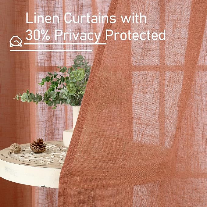 Short Linen Window Curtains 30 Inches Long 2 Panels, Terracotta Semi Sheer - Image 6