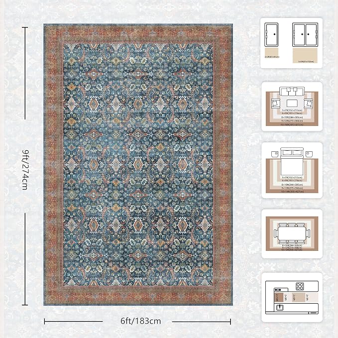 6x9 Area Rugs - Washable Vintage Retro Living Room Rug, Soft Ultra Thin Non - Image 2