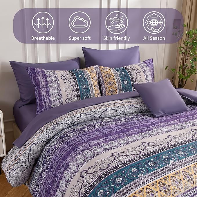 Cottolester Boho Full Comforter Set 8 Pieces,Violet Bohemian Striped Bed in a Bag, Paisley Soft Microfiber Bedding Comforter Set