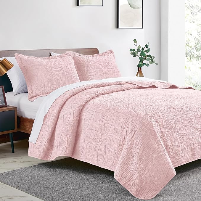 Love's cabin Twin Quilt Set Pink Bedspreads - Soft Bed Summer Lightweight Bedspread Comforter - Modern Style Coin Pattern Coverlet for All Season - 2 Pieces (1 Quilt, 1 Pillow Sham)