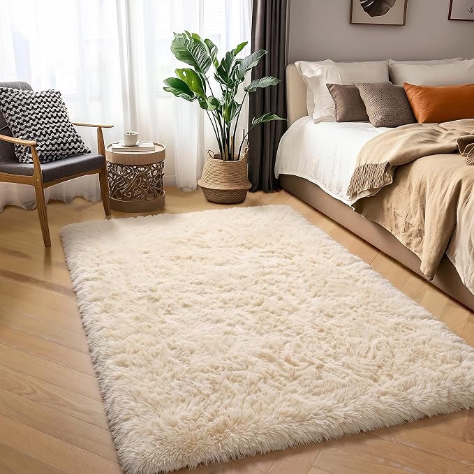 Amdrebio Beige Boho Fluffy Area Rug 5x8 - Image 7