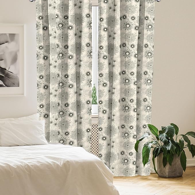 Ambesonne Dahlia Curtains, Vintage Style Garden Flower Sketches of Dahlia and Chrysanthemum Botany Theme, Window Treatments 2 Panel Set for Living Room Bedroom, Pair of - 28" x 63", Beige Black