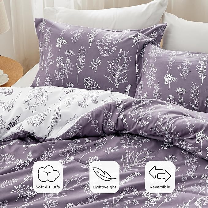 Bedsure King Comforter Set - Grayish Purple Bed Set, 3 Pieces Cute Floral Bedding, 1 Soft Reversible Botanical Flowers Comforter and 2 Pillow Shams
