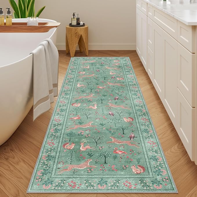 DUKINO 2x6 Runner Rug, Washable Animal Kitchen Rugs Non Slip, Teal | Soft - Image 3