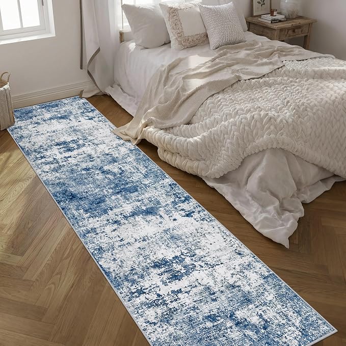 2.6x14 Washable Runner Rug:Modern Abstract Indoor Soft Carpet Blue | - Image 2