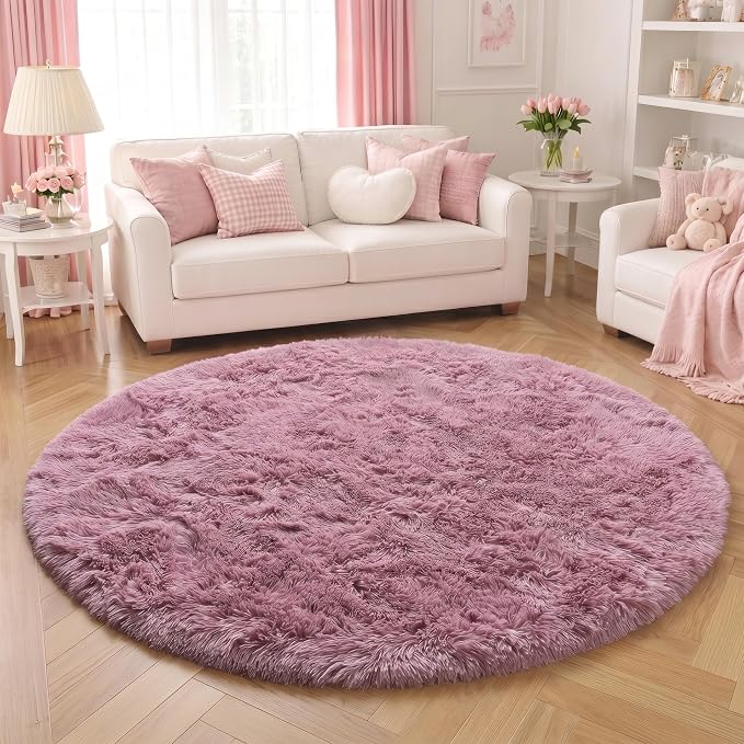 Amdrebio Mauve Pink Round Fluffy Rug 4Ft - Image 5