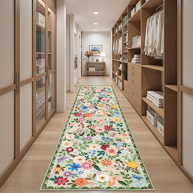 PLHXFR 3x10 Washable Runner Rug：Floral Indoor Kitchen Soft Carpet Green | - Image 5