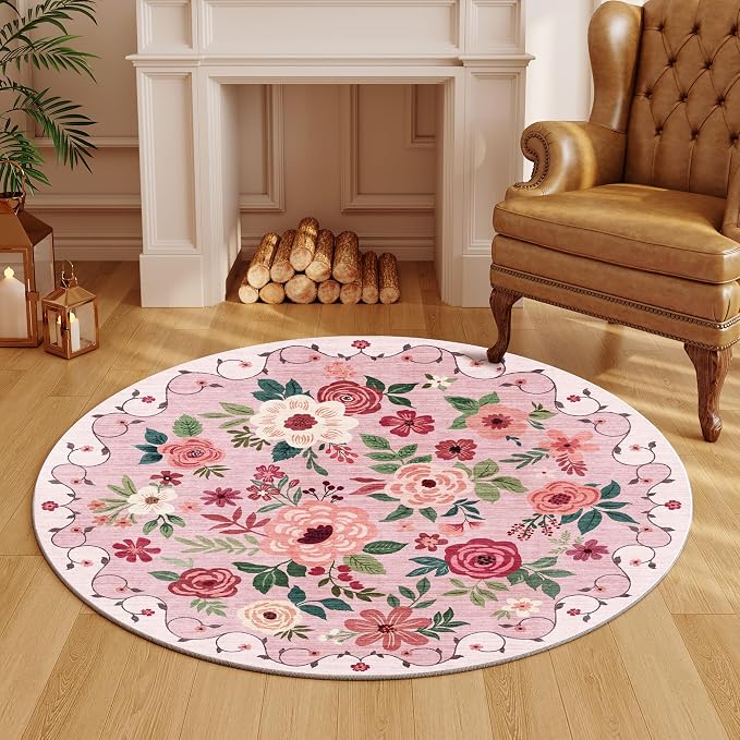 DUKINO 4ft Round Rug, Floral Washable Small Round Area Rug Non Slip, Low Pile - Image 6