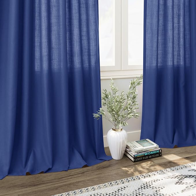 Classic Blue Linen Curtains 84 Inch Length 2 Panels Set - Image 6