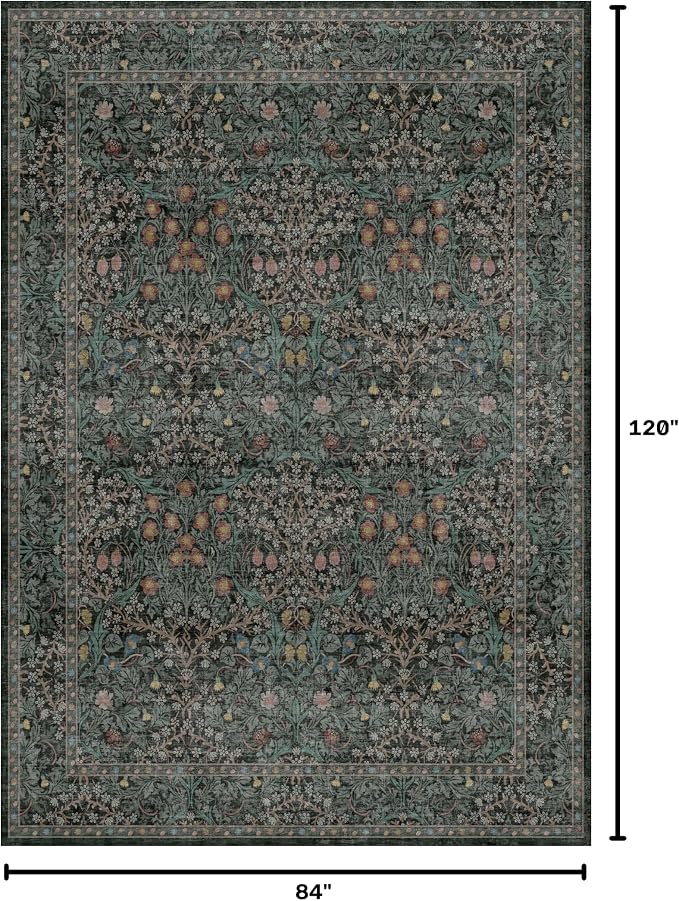 Vintage Dark Green Living Room Rug, 7x10 Washable Area Rugs - Image 2