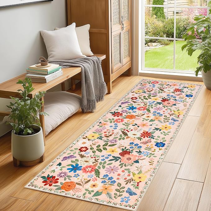 PLHXFR 2x6 Washable Runner Rug：Floral Indoor Kitchen Soft Carpet Beige | - Image 3