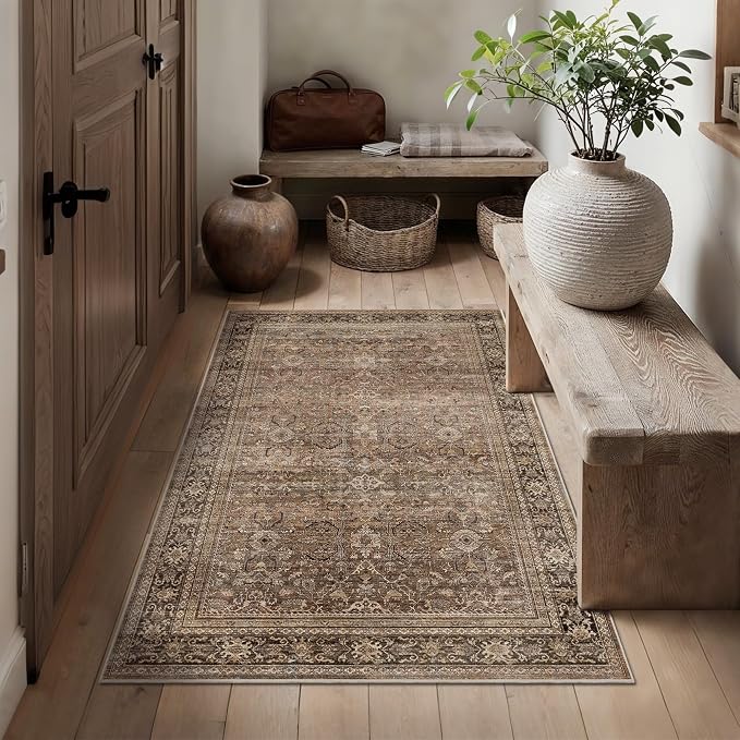 Schweek 3x5 Brown Area Rug Washable Non Slip Vintage Rugs by Schweek