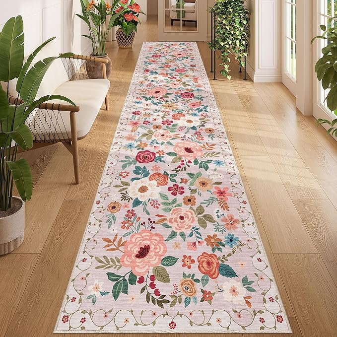 DUKINO 2.6x12 Kitchen Runner Rug, Floral Non Slip Long Washable Rug, Stain by DUKINO