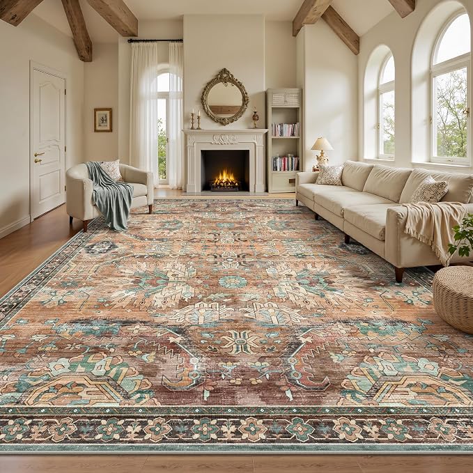 8x10 Area Rugs, Vintage Retro Soft Washable Rug, Non-Slip Low Pile Rugs by Yarooge