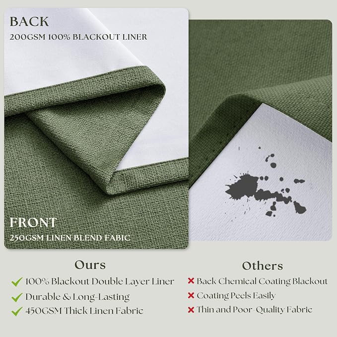 105 Inch Olive Green Linen Pinch Pleated Blackout Curtains - Image 6