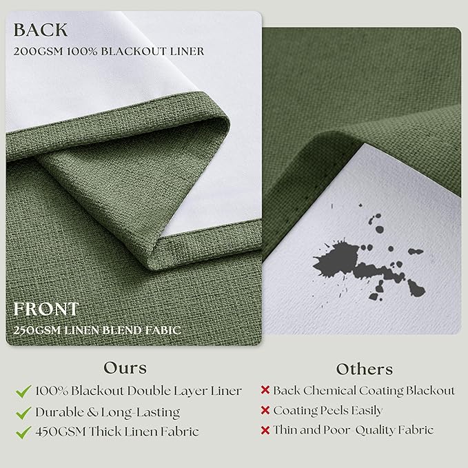 84 Inch Olive Green Linen Pinch Pleated Blackout Curtains Dual Layer | 100% - Image 6
