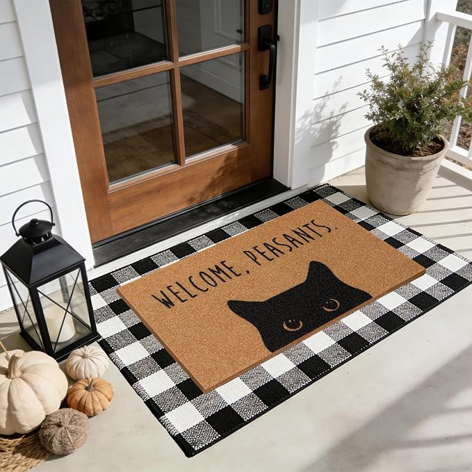 2 Pcs Welcome Peasants Black Cat Door Mat Set, Layered Artificial Coir Doormat by Unknown