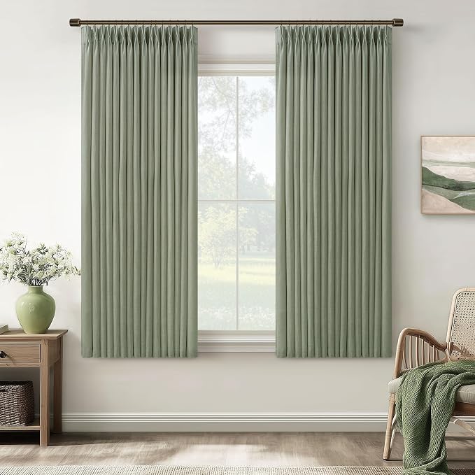 Sage Green 63 Inch Semi Sheer Memory Trained Pleated Linen Curtains 50x63 | by Twodrapes