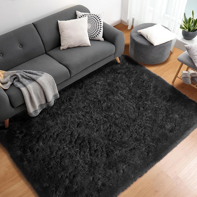 Black Rugs for Bedroom, 3x5 Fluffy Bedside Small Area Rug, Soft Plush Fuzzy - Image 4