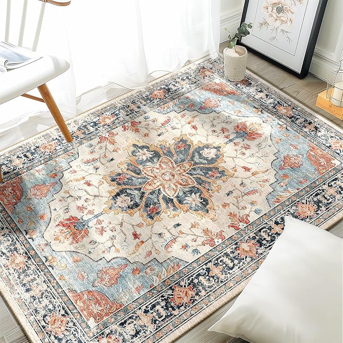 RELEANY Washable Area Rug, Water Repellent, Pet Friendly, Vintage Floral Boho - Image 3