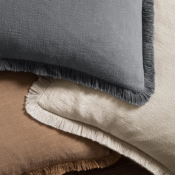 MIULEE Boho Linen Fringe Decorative Throw Pillow Covers Grey 18x18 | Set of 2 - Image 4