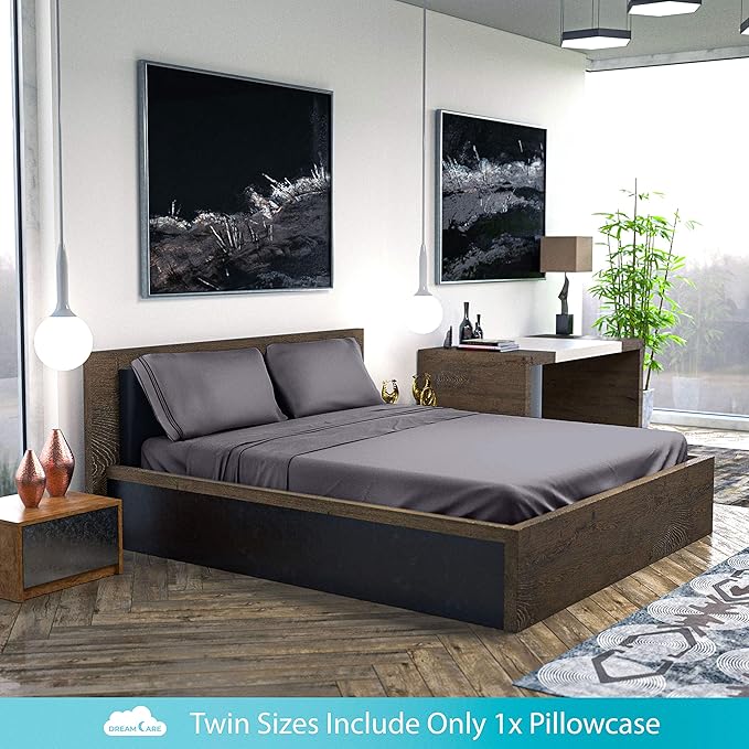 DREAMCARE Twin XL Sheet Sets – 3pcs Cooling Sheets – up to 15” Deep Pocket Twin XL Sheets Set – Hotel Luxury Sheets & Pillowcases – Superior Softness 100% Fine Microfiber with Side Pocket – Gray
