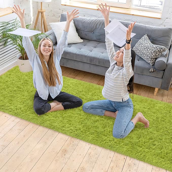 2x10 Bedside Area Rugs for Bedroom Soft Fluffy Shag Green Rug for Hallway - Image 2