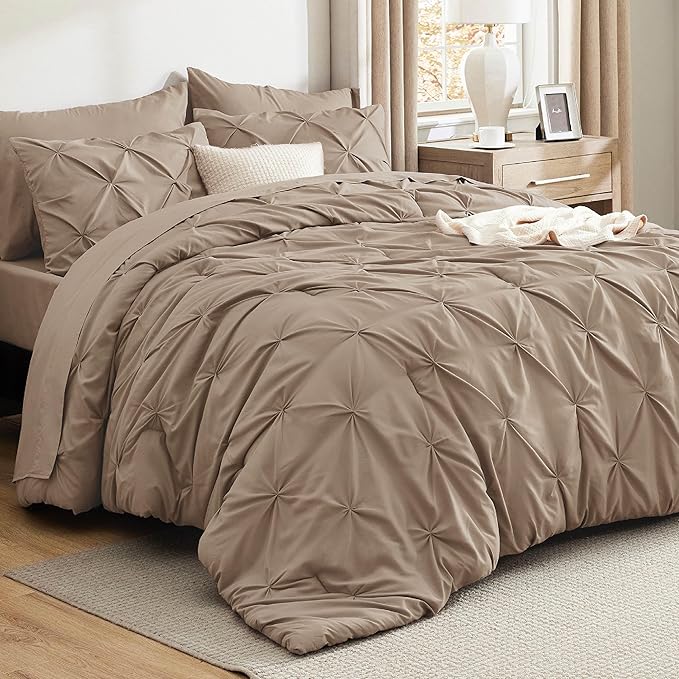 Bedsure Full Size Comforter Sets - Bedding Sets Full 7 Pieces, Pintuck Bed in a Bag Khaki Bed Set with Comforter, Sheets, Pillowcases & Shams