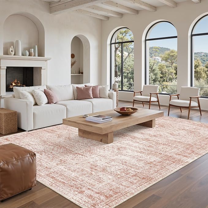 Soalmost 5x7 Area Rugs Pink Low Pile Washable Trendy Faded Style Rug | Vintage - Image 9