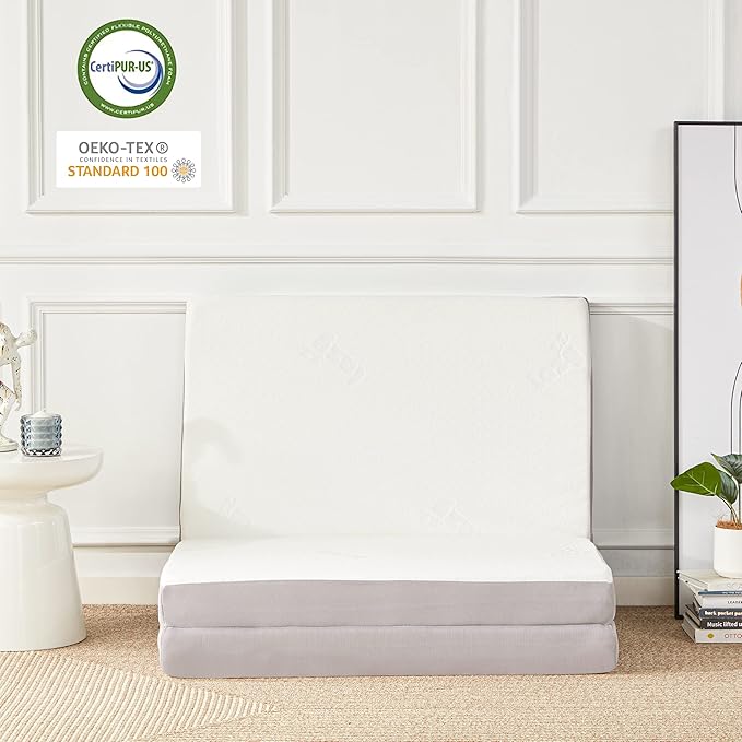Folding Mattress, 4 Inch Memory Foam Tri-fold with Breathable Bamboo Fiber Fabric Cover, Foldable Floor Mattress Guest Bed for Camping, Road Trip, Twin