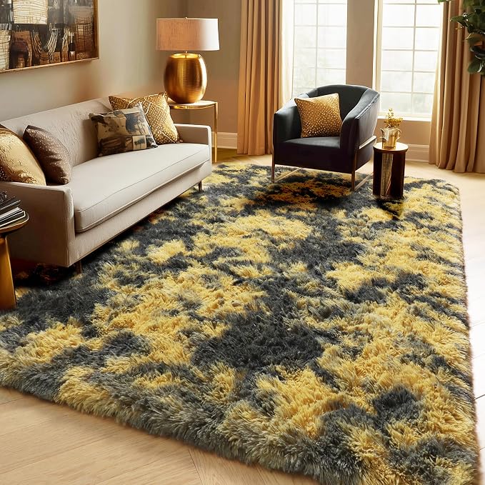 Black and Yellow Bedroom Rugs 4x6 Ft, Fluffy Modern Living Room Area Rug | - Image 3