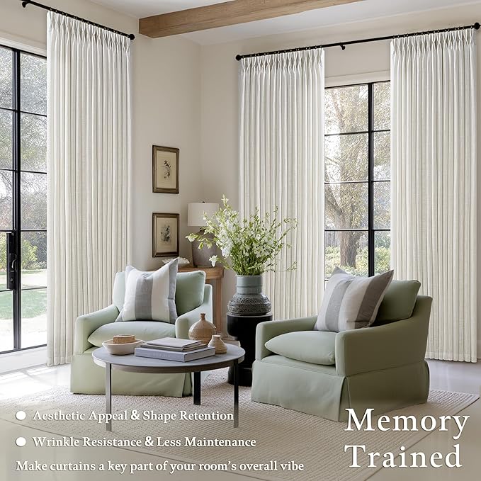 Pleated Linen Cream Light Filter Sheer Boho Curtains 112 Inches Length 50W | - Image 2