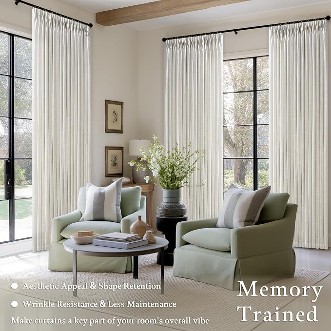 Farmhouse Linen Pleat Ivory Cream Semi Sheer Curtains 80 Inch Long 2 Panels | - Image 2