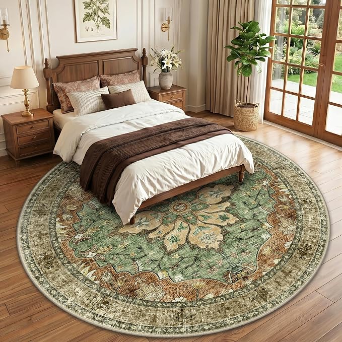 RELEANY Washable Area Rug, Round 10ft, Brick/Brown/Green | Non-Slip, Water - Image 2
