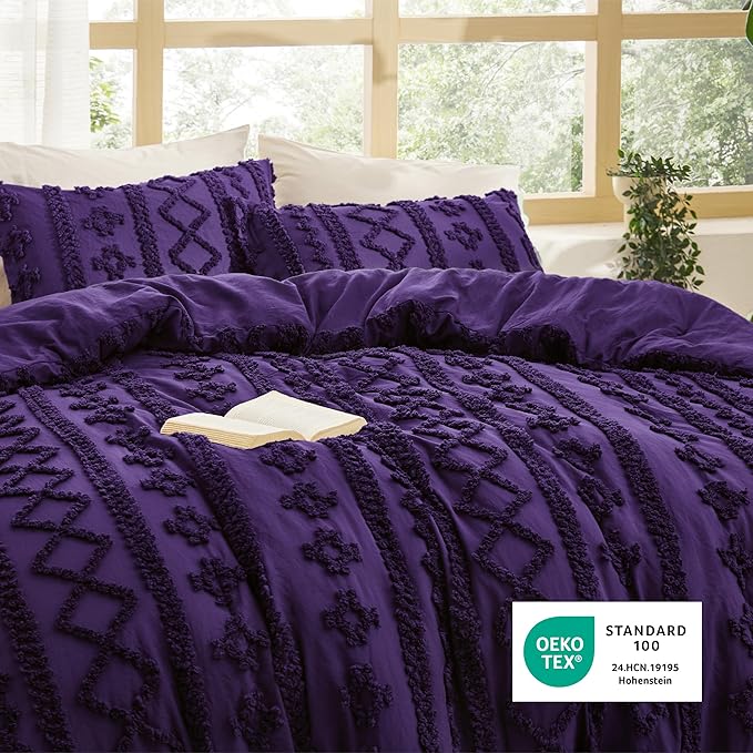 Bedsure Tufted Boho Comforter Set California King - Purple Boho Bed Set, GentleSoft™ 3 Pieces Farmhouse Shabby Chic Embroidery Bedding, Gifts for Woman, Soft Jacquard Comforter for All Seasons