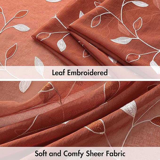 MIULEE Terracotta Sheer Fall Curtains 2 Panels Leaf Patterned, W52 x L45 | - Image 4