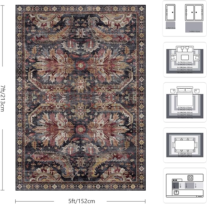 5x7 Area Rugs, Vintage Retro Soft Washable Rug, Non-Slip Low Pile Rugs - Image 2