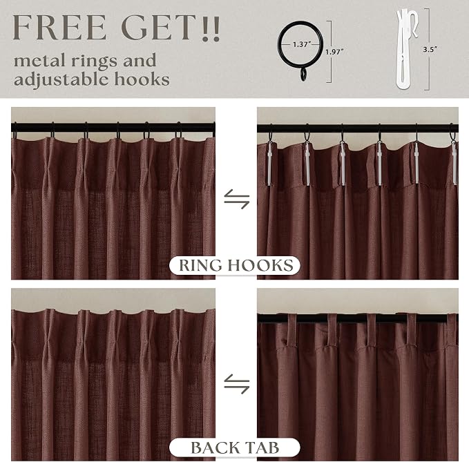 Chestnut Brown Thick Linen Pinch Pleated Curtains 120 Inches Long 2 Panels | - Image 5