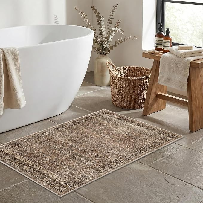 Schweek 2x3 Entryway Rugs Indoor Washable Vintage Area Rug Non Slip Brown | Low - Image 3