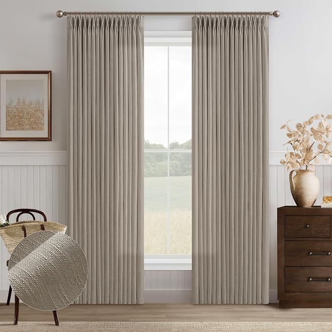 Linen Taupe Pinch Pleat Memory Shaped Light Filtering Curtains 96 Inch Long | by Twodrapes